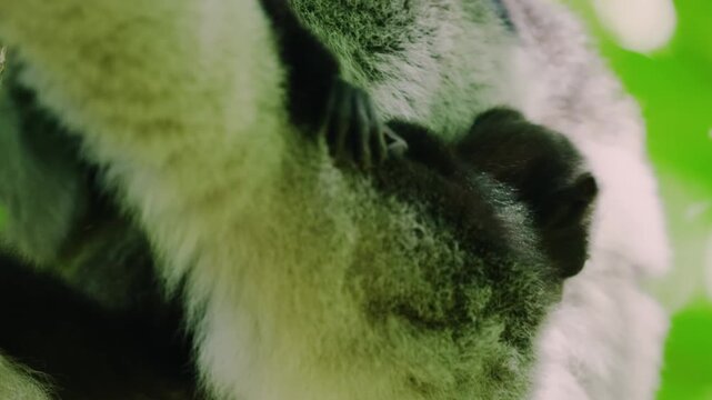 A Mother indri with her baby, black and white lemur, on a tree in Madagascar rainforest. 