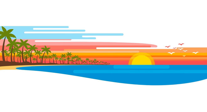 Tropical beach sunset with palm trees and ocean in flat design illustration.