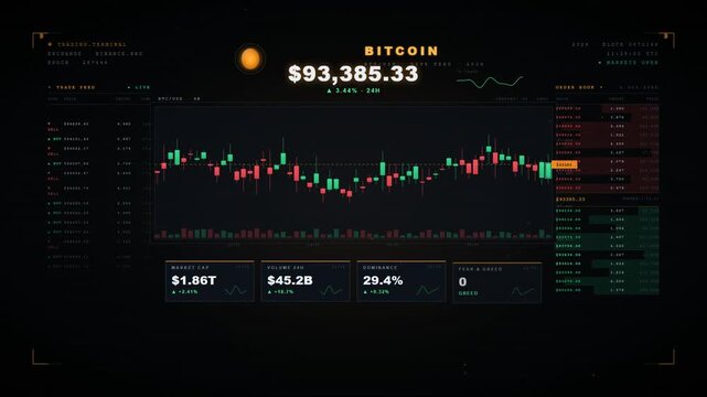 Cryptocurrency trading terminal with bitcoin candlestick chart and market data on dark background