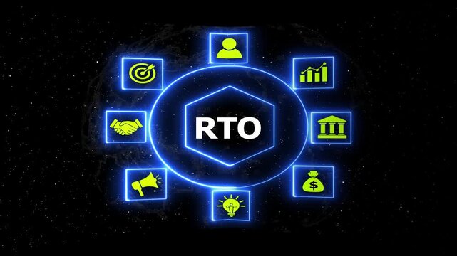 RTO concept with various business icons. Dynamic motion graphic shows RTO concept surrounded by business icons on cosmic background, symbolizing strategy and finance.