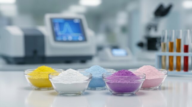 Glass bowls filled with vibrant colored powders are arranged on a laboratory bench, with scientific instruments in the background.
