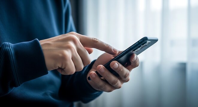 Smartphone being operated by person in a close-up shot with beautiful bokeh. Soft daylight highlights the finger touching the screen. Perfect for mobile application interface marketing.