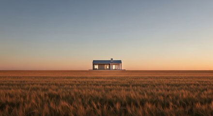 Fototapeta premium Modern Minimalist House in Golden Wheat Field at Sunset