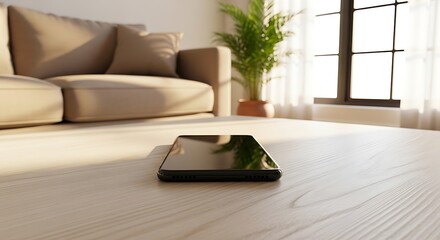 Fototapeta premium Smartphone lying on a light wood surface in a bright apartment. Natural sunlight illuminates the cozy interior with blurred furniture. Ideal for app developer marketing or social media.