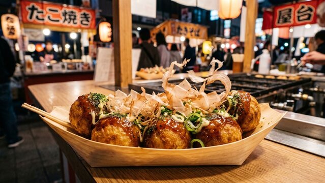 Authentic Japanese Takoyaki Served in Boat Shaped Plate at Night Market