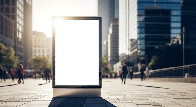 Blank vertical mupi billboard on a city plaza during golden hour. Sharp focus on the white screen with a blurred metropolitan background. Ideal for showcasing outdoor advertising campaigns.