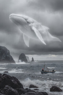 Une baleine blanche volante au dessus d'un oc&eacute;an d&eacute;chain&eacute;.