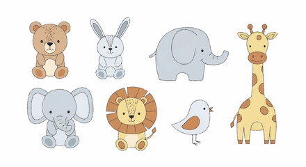 Fototapeta premium Adorable baby animal collection featuring a bear, rabbit, elephants, lion, bird, and giraffe.