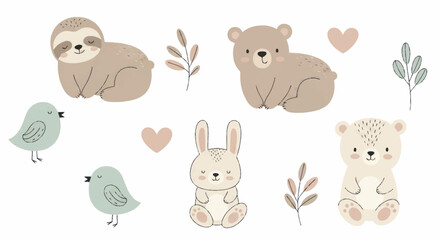 Obraz premium Adorable baby animals collection - sloth, bear, rabbit, and birds.