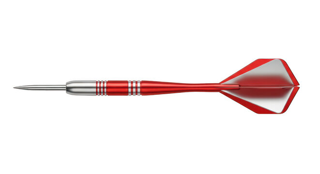 A close-up view of a red and silver dart with a sleek design and sharp tip isolated on transparent background