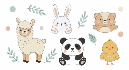 Obraz premium Adorable collection of cute baby animals, including a llama, bunny, badger, panda, and chick.