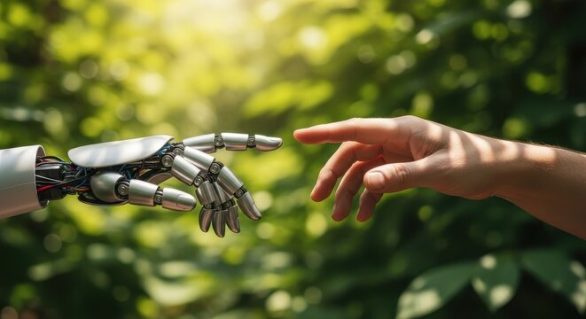 Human Hand Touching Robot Hand in Nature Scene.