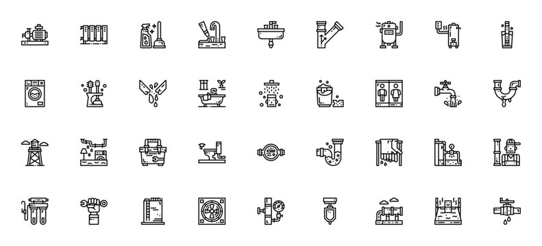 Plumber icon set. Vector plumbing tools and fixtures collection. Includes sink, toilet, wrench, pipe, boiler, shower, leak, valve and more. Editable stroke.