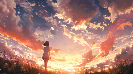 Obraz premium Silhouette of a girl at sunset on a meadow, clouds and warm sky