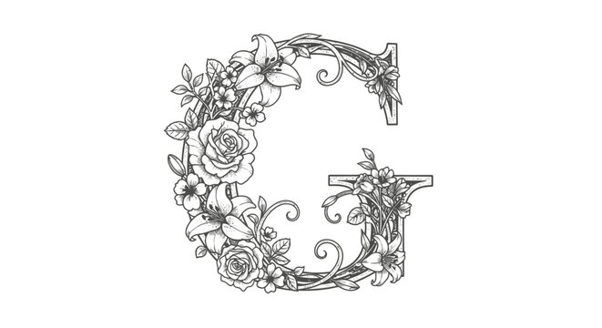 Floral monogram letter g elegant botanical design isolated on white