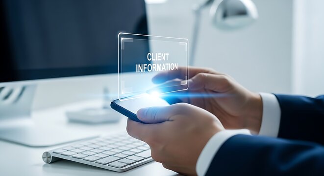Client information holographic interface floats above a businessmans hands holding a smartphone in a clean workspace. This image is ideal for database management and cybersecurity marketing.
