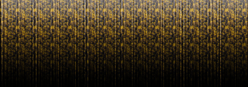 Abstract vertical lines of shimmering golden threads or filaments cascade downwards creating a rich textured gradient from bright yellow to deep black evoking luxury