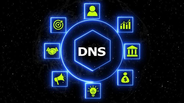 Digital network system concept with icons animation. Digital network system concept featuring rotating blue glowing neon icons and central text logo in space motion background.