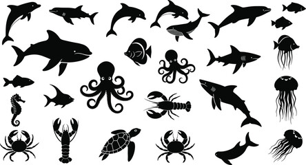 Fototapeta premium Marine life silhouette collection featuring sea animals like sharks dolphins octopus and fish