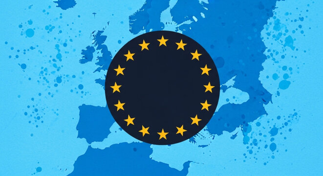 Europe Day  European unity and collaboration, featuring the star circle emblem against a stylized continent map on a vibrant blue textured background