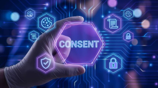 Consent agreement privacy management regulatory compliance ethics data protection security digital technology secure information handling concept with hand holding digital hexagon and security icons