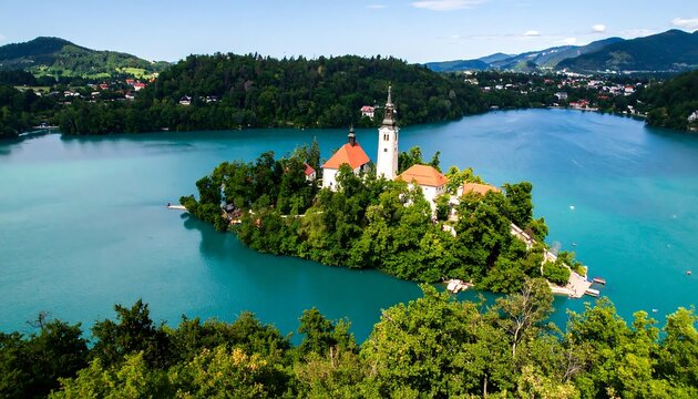 Picturesque view of a small church on a verdant island in a serene lake. The surrounding landscape features hills, trees, and distant settlements