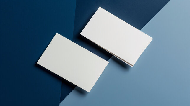 Two blank white corporate business cards arranged diagonally side by side on a modern geometric multi tone blue paper background. 