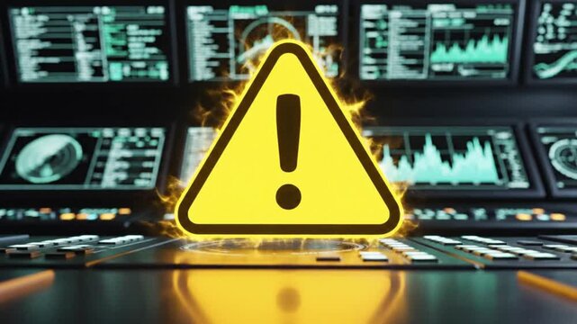 Warning sign with glowing data screens in the background.