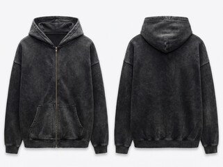 Acid Wash Charcoal Grey Zip-Up Hoodie Mockup, Front and Back View, Isolated on White Background © rea
