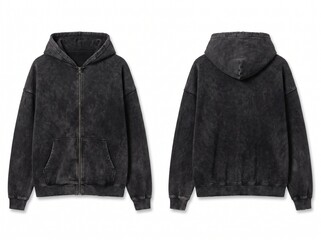 Front and Back View of Oversized Acid Wash Zip-Up Hoodie Mockup in Charcoal Black, Distressed Vintage Style Streetwear Sweatshirt Isolated on White © rea