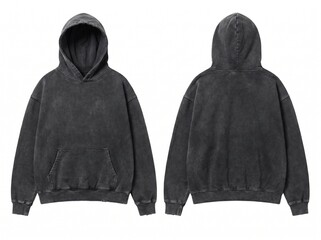 Oversized Charcoal Grey Acid Wash Hoodie Mockup Front and Back View on White Background © rea
