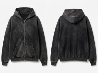 Front and Back View of a Faded Black Oversized Zip-up Hoodie Mockup, Acid Wash Streetwear Apparel Template © rea