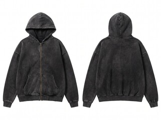 Blank Black Zip Up Hoodie Mockup Front and Back View, Vintage Acid Wash Streetwear Sweatshirt Template Isolated on White Background © rea