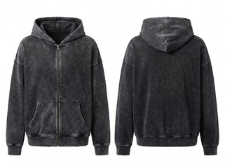 Blank Black Acid Wash Zip-Up Hoodie Mockup, Front and Back View, Vintage Streetwear Apparel Template Isolated on White Background © rea