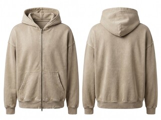 Beige Zip-Up Hoodie Mockup, Front and Back Views, Distressed Fleece Sweatshirt Template Isolated on White Background © rea
