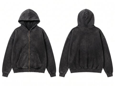 Blank Black Zip Up Hoodie Mockup Front and Back View, Vintage Acid Wash Streetwear Sweatshirt Template Isolated on White Background