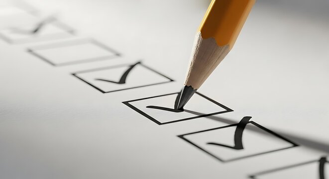 Yellow pencil completing a survey checklist on white paper with beautiful bokeh and selective focus. Perfect for human resources, quality control, and business project management materials.