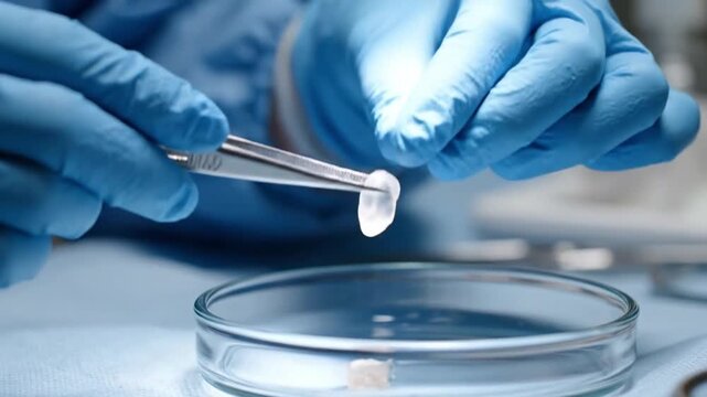 Gloved Hands Placing Tissue Sample In Petri Dish Closeup Sterile Laboratory Scene Showing Technician Using Pipette To Transfer Small Tissue Fragment With Precise Manipulation Blue Gloves Clinical