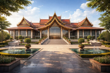 Fototapeta premium A stunning traditional building with ornate architecture and landscaped gardens.