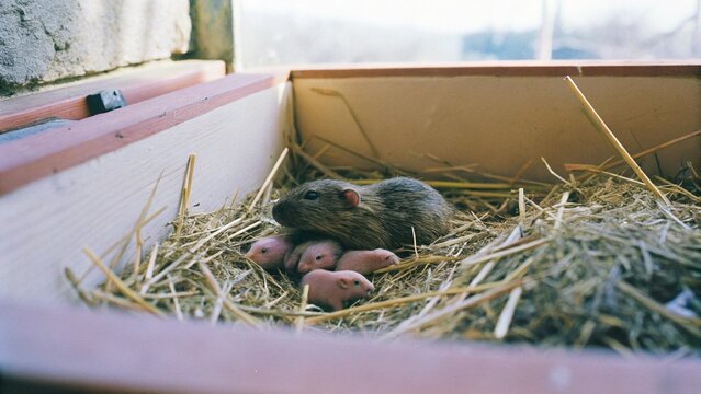 Black-bellied hamster feed newborn pups in their nest ,Vienna, Austria.
