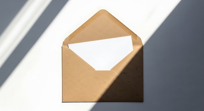 Brown kraft paper envelope sits open revealing a white blank card on a bright desk with geometric window shadows. Ideal for wedding invitations or professional corporate branding materials.