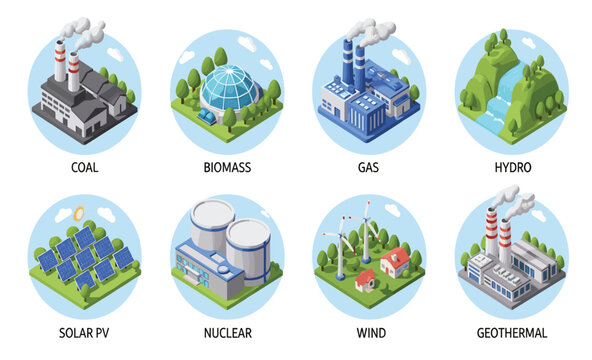 Vector Illustration of Renewable and Non-Renewable Energy Sources Including Coal, Biomass, Gas, Hydro, Solar, Wind, Nuclear, and Geothermal Power Plants