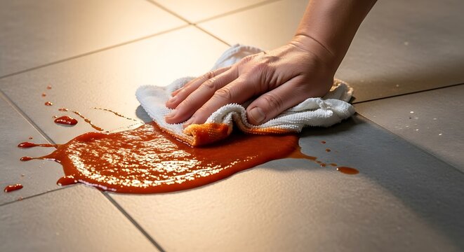 Cleaning a mess of spilled tomato sauce on gray kitchen floor tiles