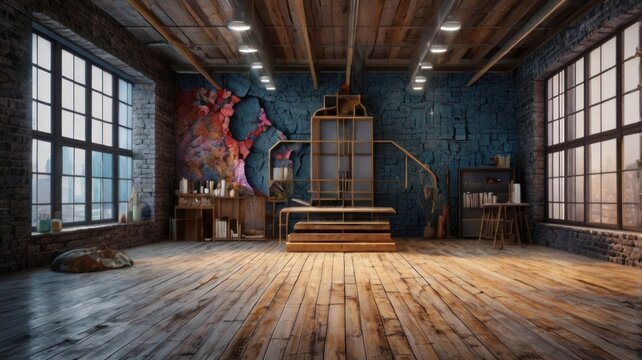 Industrial loft studio with large windows and colorful mural interior