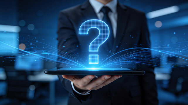 Business person holding a holographic projection tablet with a question mark technology background