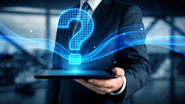 Business person holding a holographic projection tablet with a question mark technology background