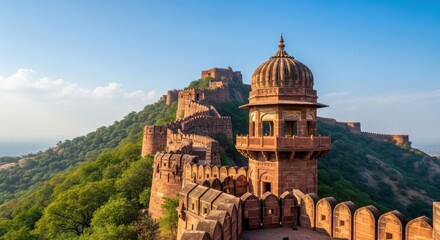 Fototapeta premium Majestic Amber Fort in Jaipur, India, on a Sunny Day.