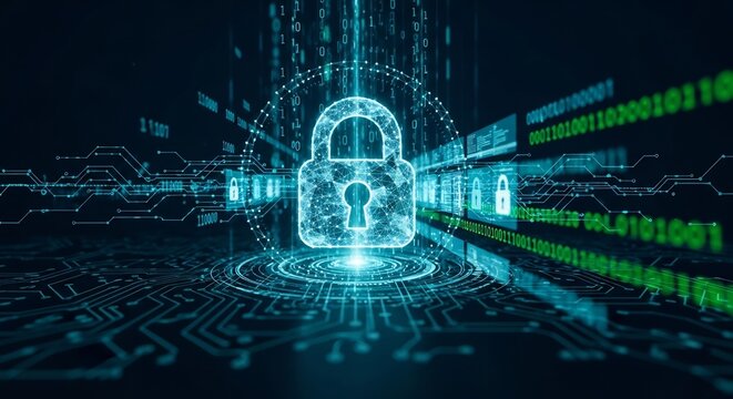 青い光を放つデジタル南京錠が無数のバイナリデータが流れる仮想空間で情報資産を堅牢に守るサイバーセキュリティの視覚化. AI Generated