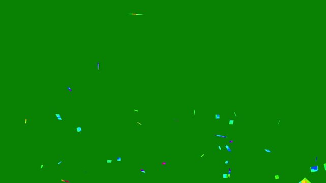 Realistic confetti explosion burst, colorful party animation, green background alpha matte, falling glitter and ribbon particles, celebration overlay, cinematic festive motion graphics design. 4K