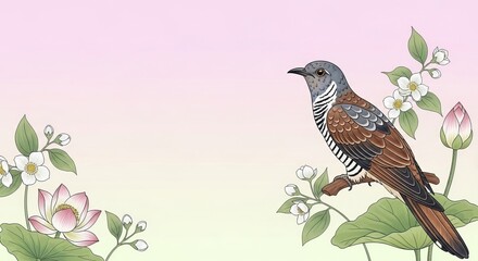 Fototapeta premium Serene Kokila Vrat Illustration with Cuckoo Bird and Floral Elements on Soft Gradient Background for Indian Hindu Cultural Festival Celebration